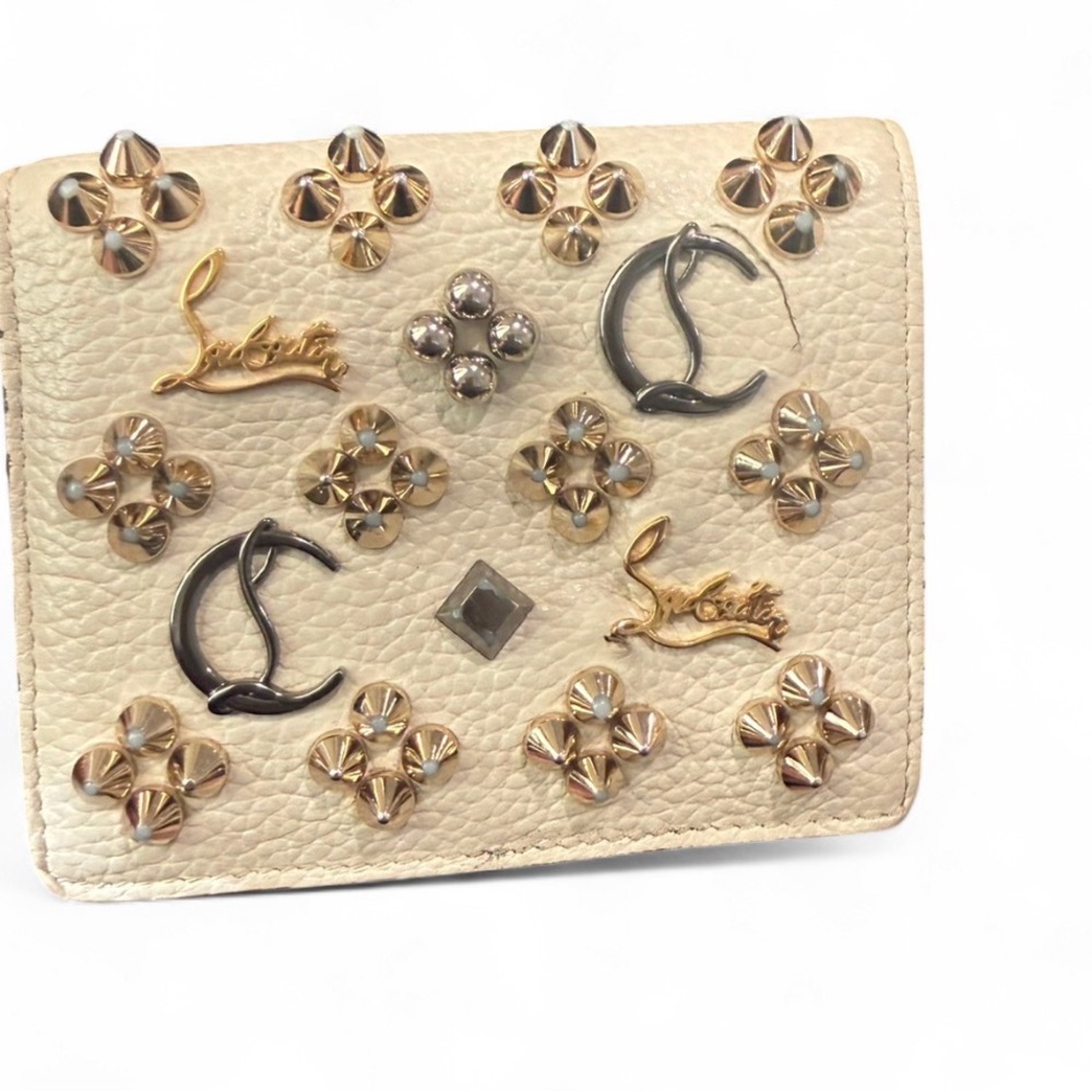 Christian Louboutin Ivory Pebbled Leather Studded Card Wallet